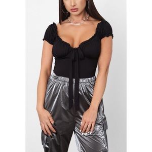 Oh Polly Tops - Black ruffled scrunched victorian bodysuit Oh Polly Tops - Black ruffled scrunched victorian bodysuit